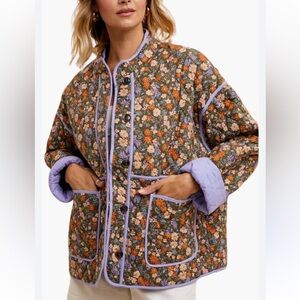 In loom Floral Quilted Puffer Cotton Drop Sleeves Jacket with Lavender Trim - L